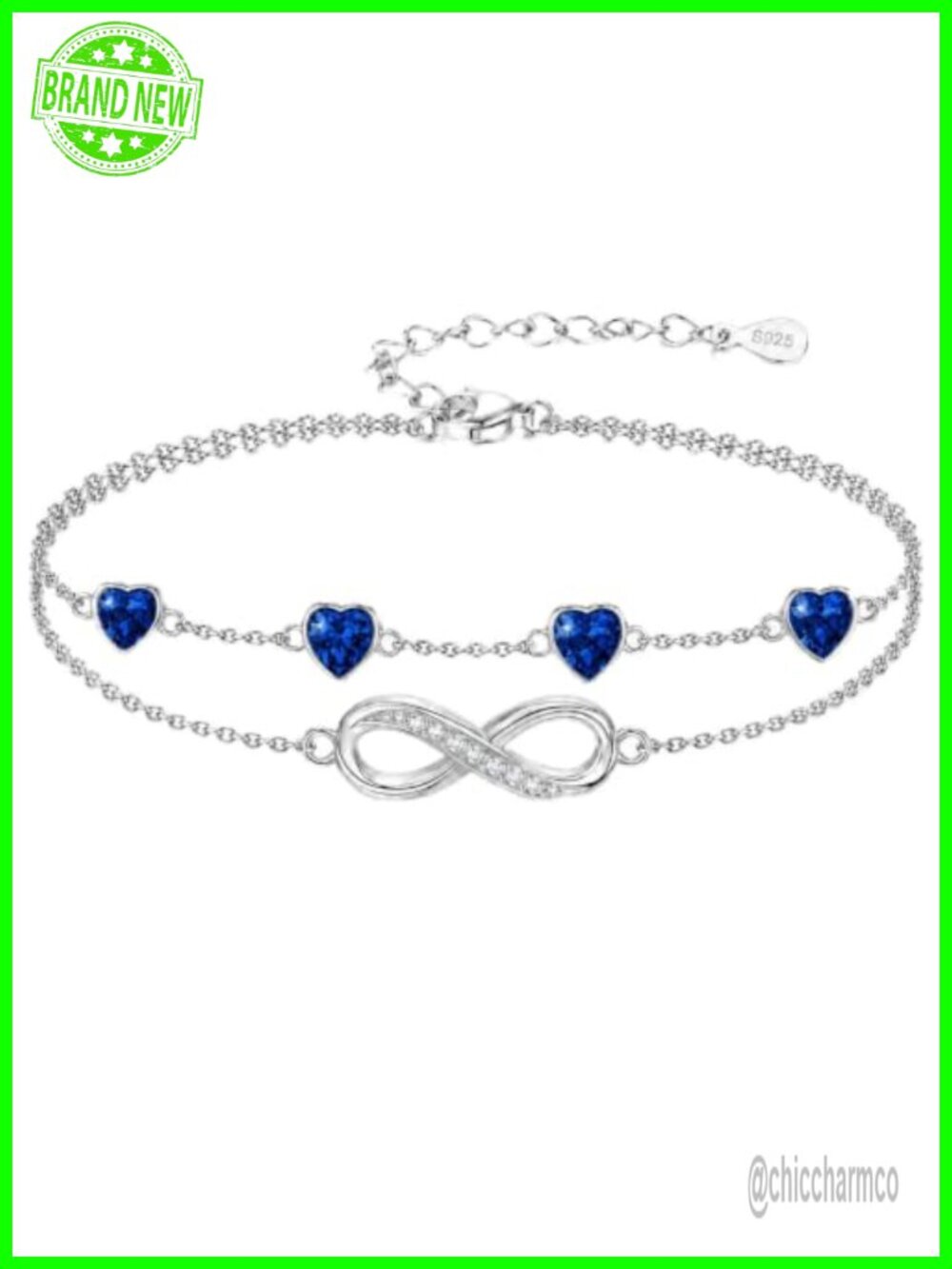 925 Sterling Silver Infinity Heart Bracelet Birthstone Link Women's Jewelry